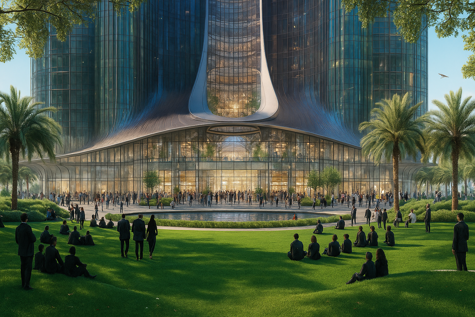 مركز حيوي مستقبلي في الأتريوم يضم مناطق عمل ولقاءات مرنة