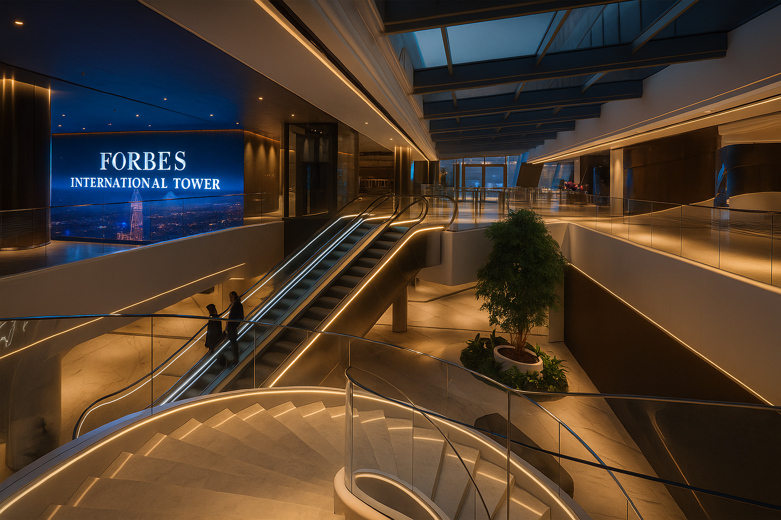 ردهة استقبال فاخرة بتفاصيل خامات طبيعية وإضاءة مدروسة