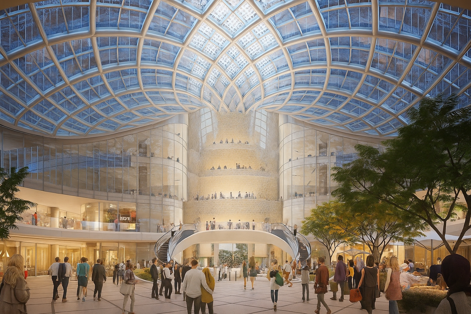 أتريوم داخلي واسع للحياة العصرية داخل برج فوربس العاصمة الإدارية