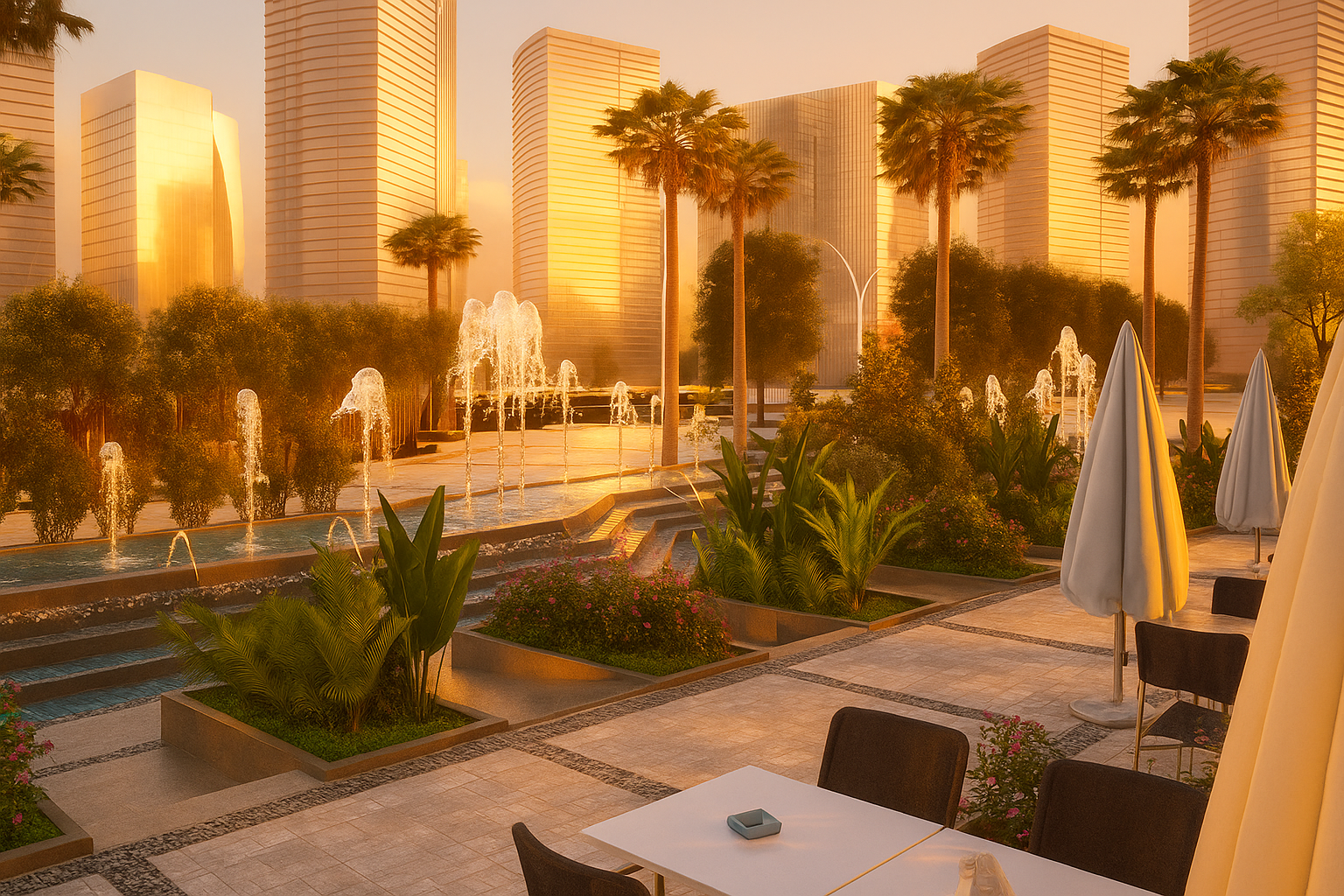 بلازا ومساحات خضراء أمام البرج