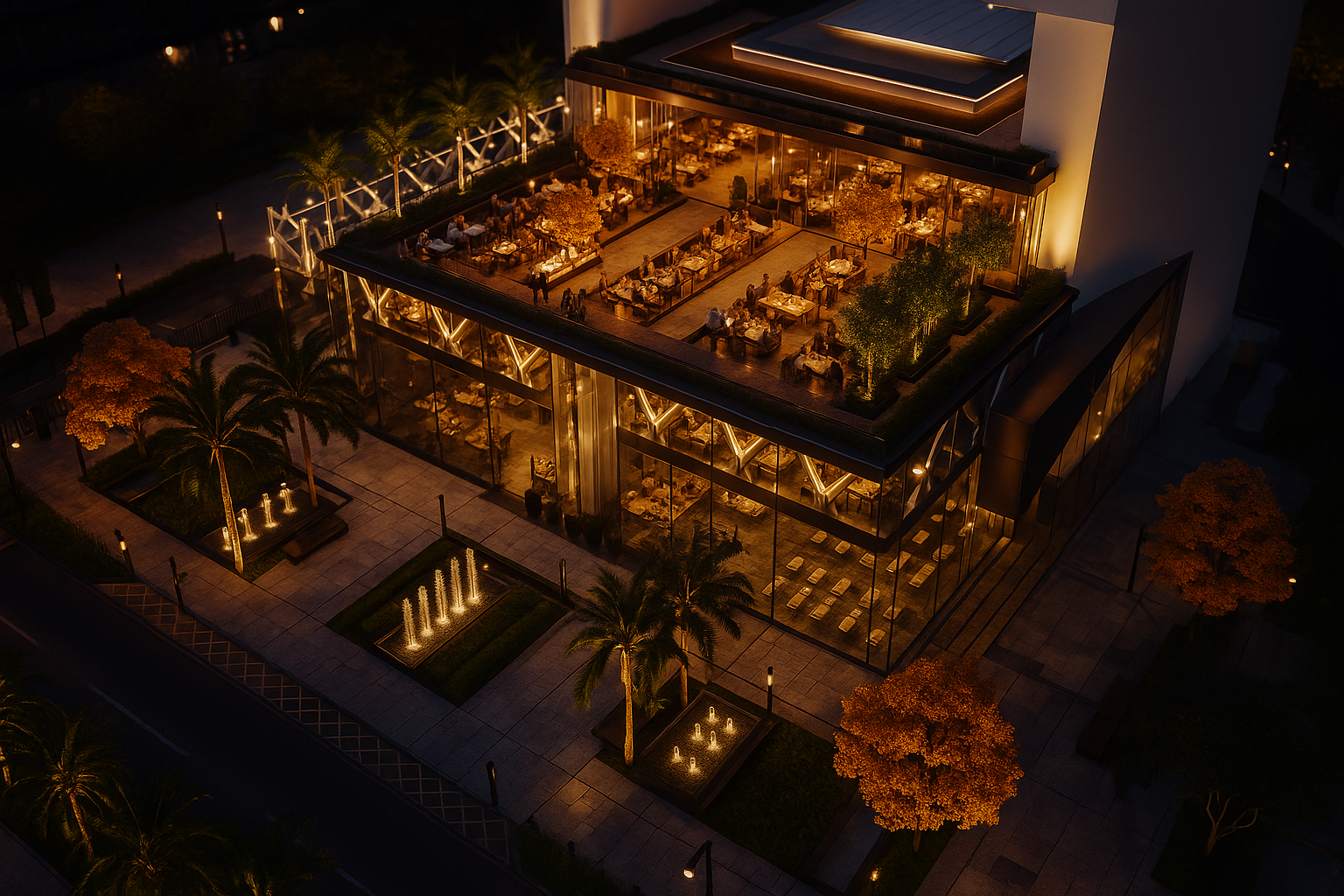 ساحة خارجية مضيئة بجوار برج إنفينيتي