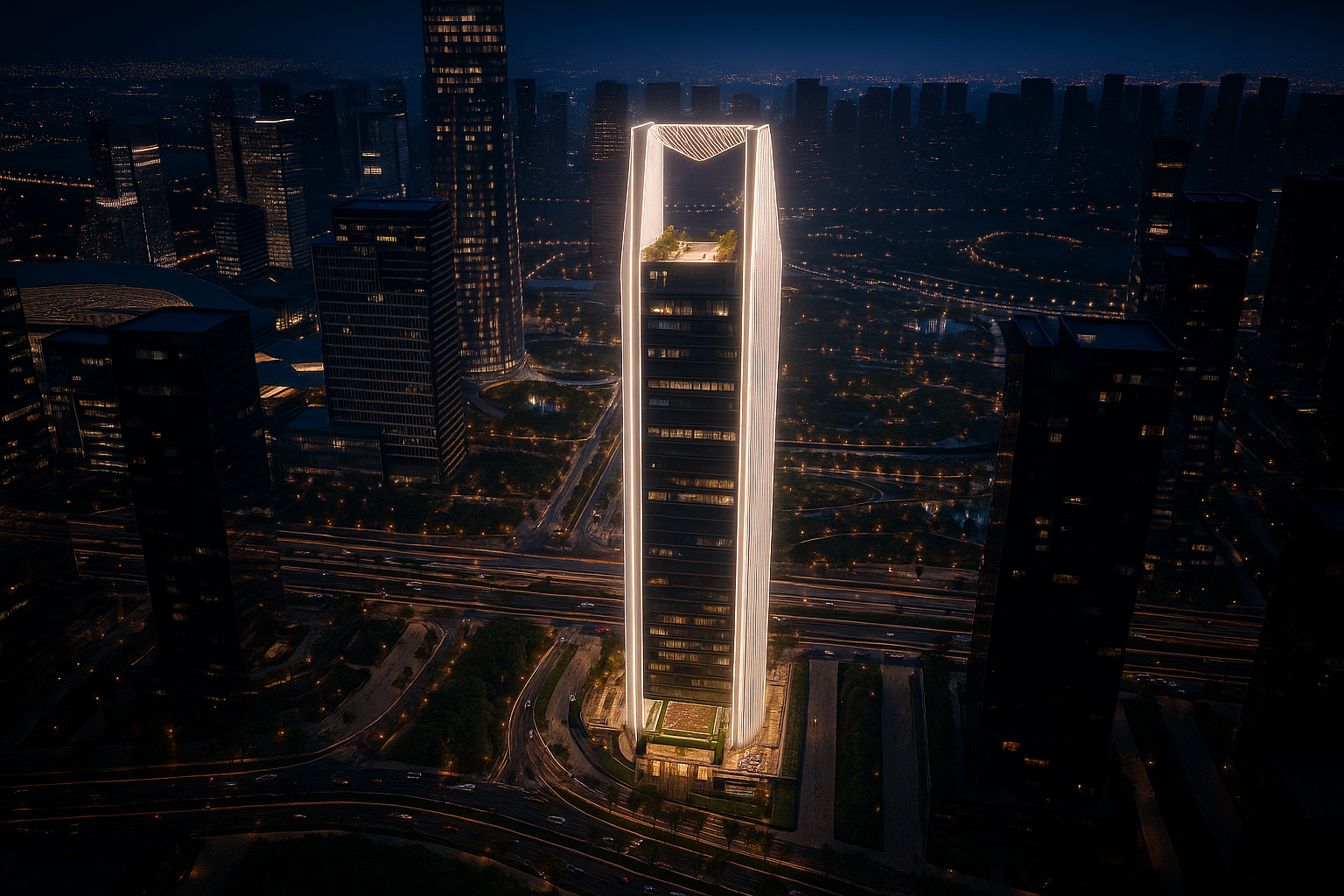 برج إنفينيتي ليلاً بإضاءة واجهات مميزة