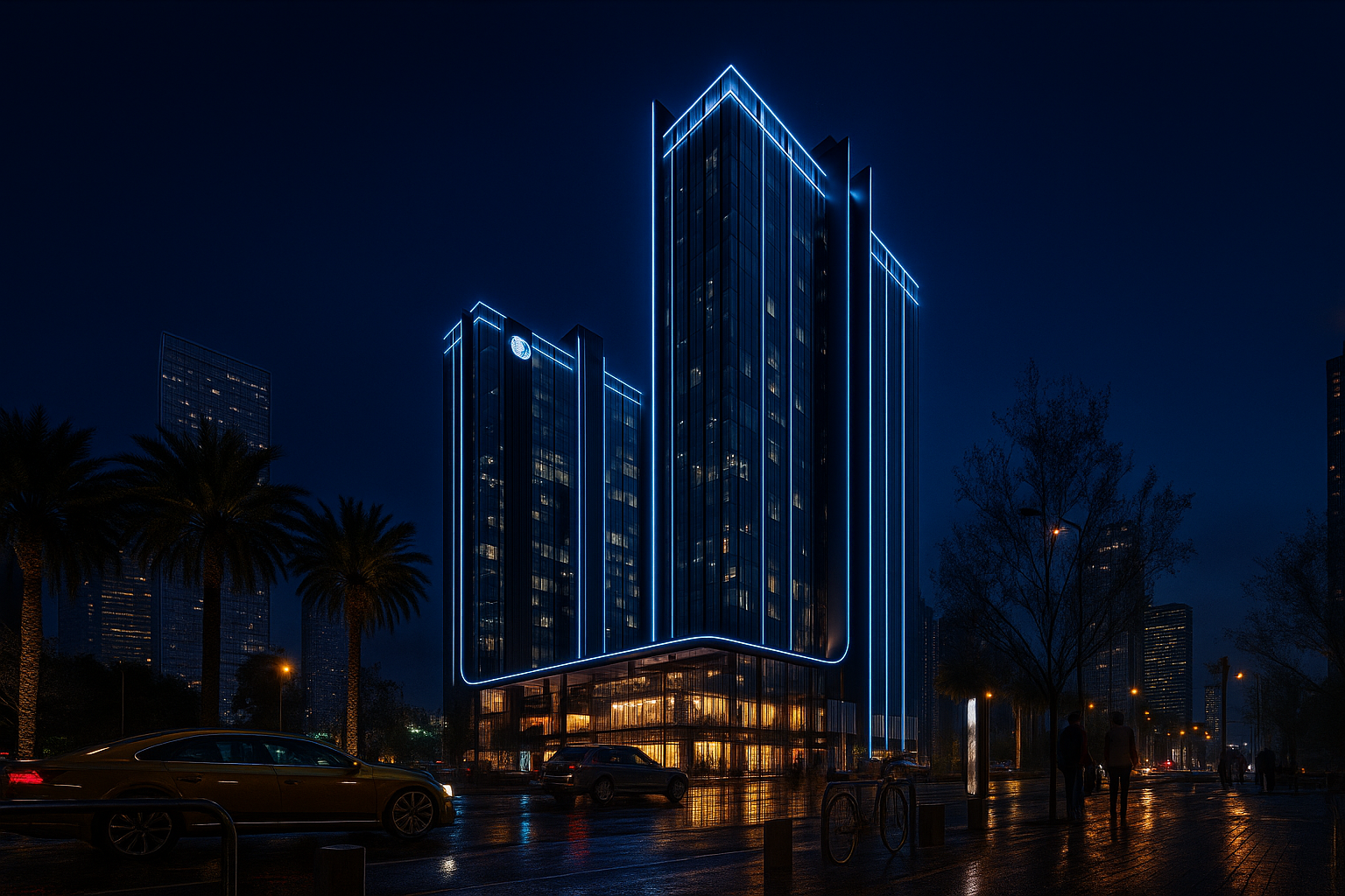انعكاس برج Double Two Tower ليلاً - Sky Capital Egypt