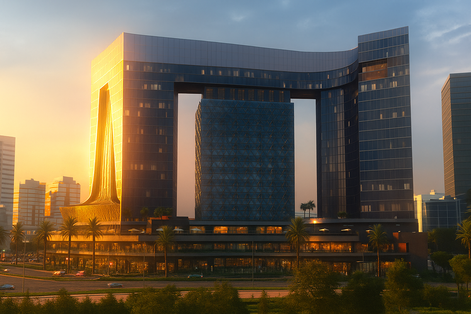 أبراج عند الغروب تُظهر الإضاءة المحيطية وانعكاسات الواجهة