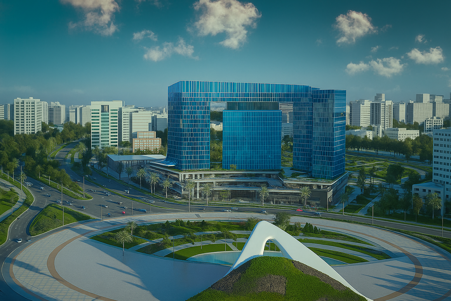 لقطة جوية توضّح تموضع iBusiness Park Tower ضمن شبكة الداون تاون