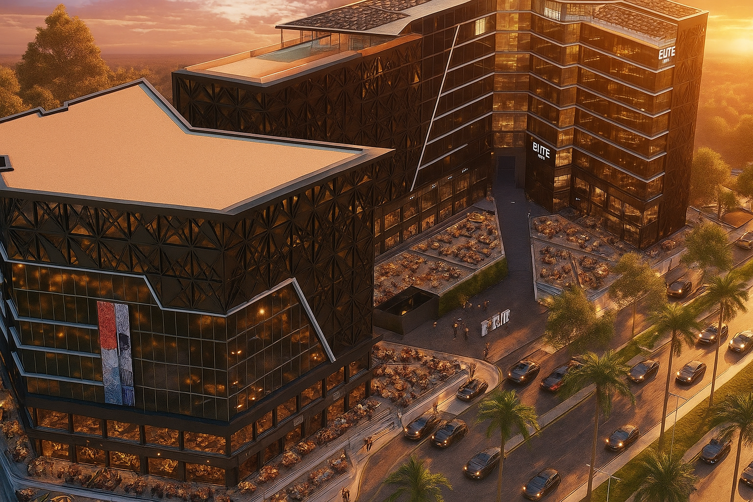 انعكاس الغروب على واجهة مول إيليت